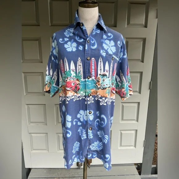 McNeel Palmer Vintage Blue Surfboard Volkswagen Buggy Print Men's Shirt - Picture 1 of 9